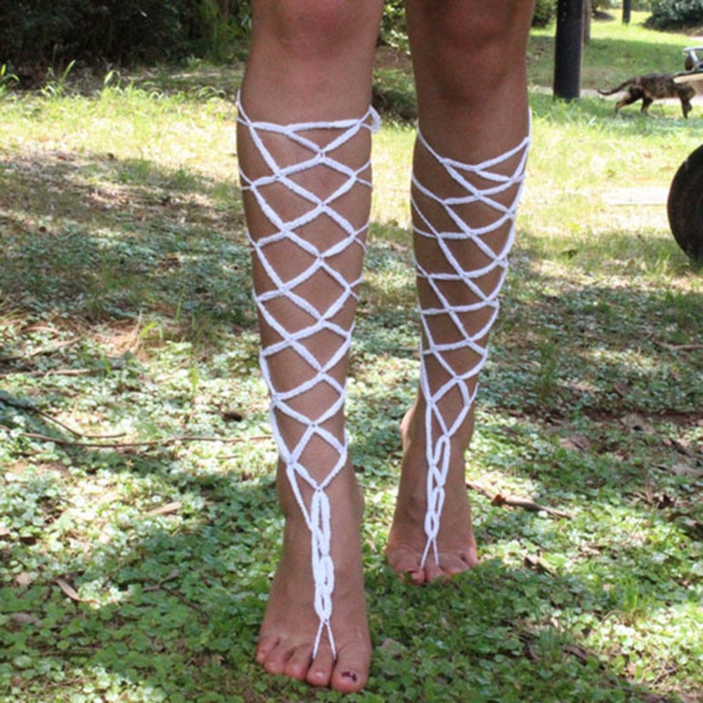 White Handmade Crochet Barefoot Gladiator Sandals